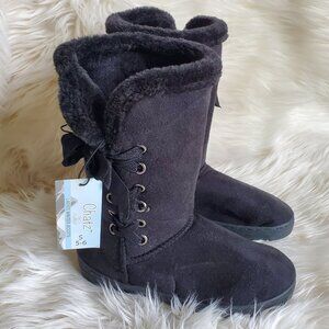 Chatz Women's Black Mid-Calf Microsuede Faux Fur Trim Winter Boots SZ S (5-6)